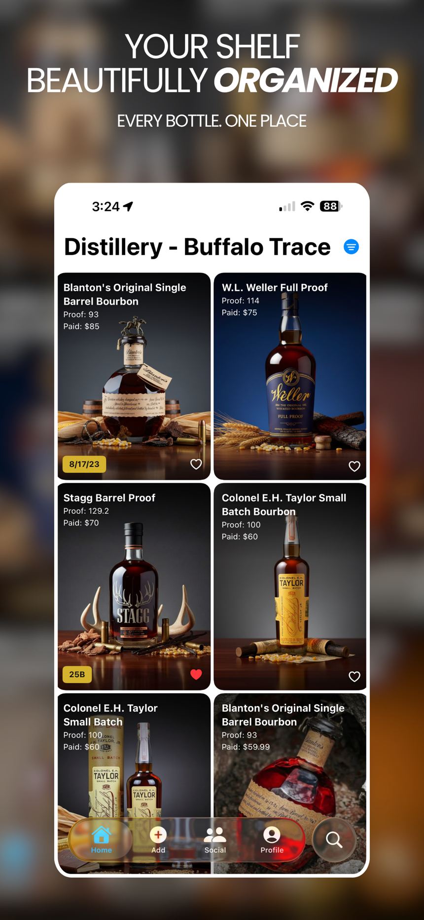 Shelf grid with Blanton's, Weller, and other bourbon bottles.